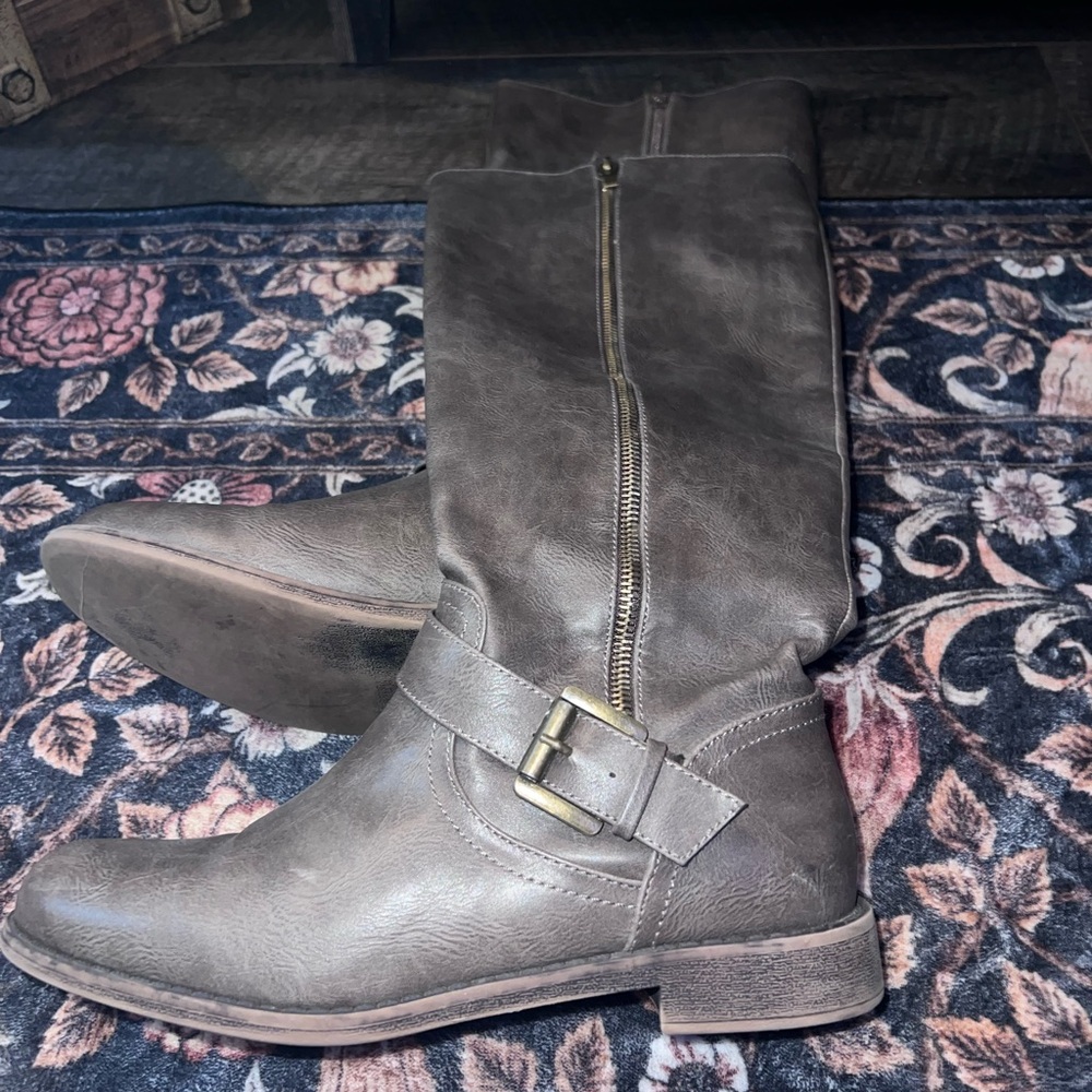 Women's Taupe Riding Boots with Buckle Detail